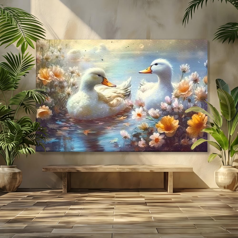 Tablou canvas cu tablou canvas cu rate pe lac, fara rama, pe sasiu de lemn